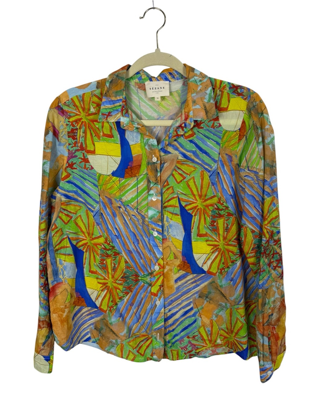 Sezane Pierro Shirt Geoffroy Pithon Abstract Print Long Sleeve Cotton Silk Sz 36 - Picture 2 of 5